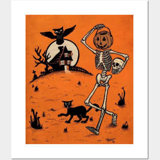 Retro Halloween Spooky Season Dancing Skeleton Trick or Treat Posters and Art